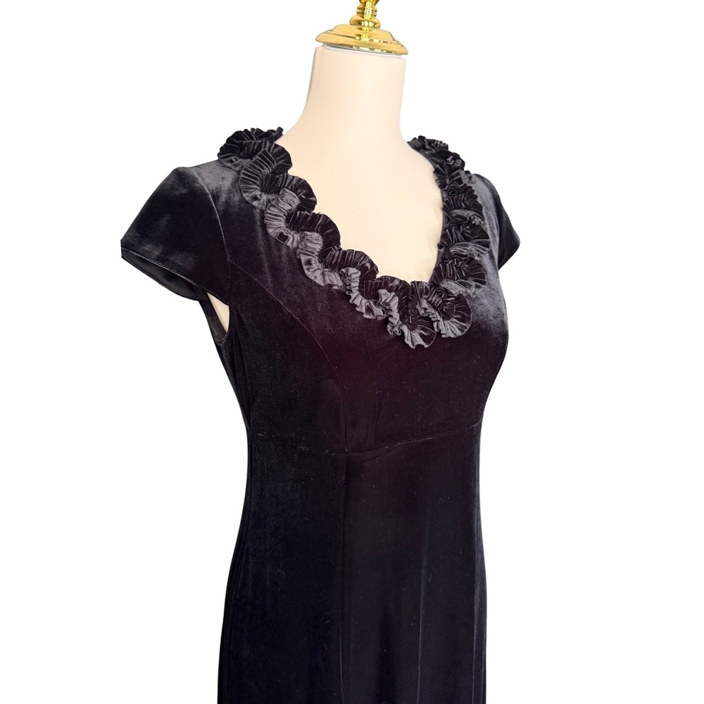 K Studio Collection Black Velvet Ruffle Empire Waist Midi Dress Size 6 Vintage - Picture 2 of 12
